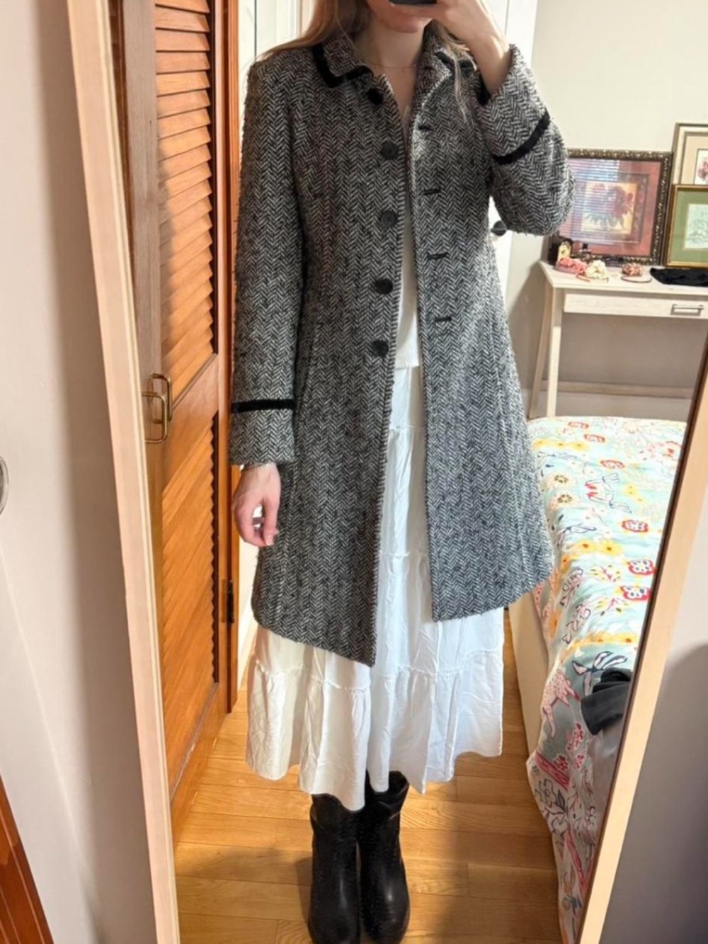 Tailored Herringbone Wool-Blend Coat in Gray